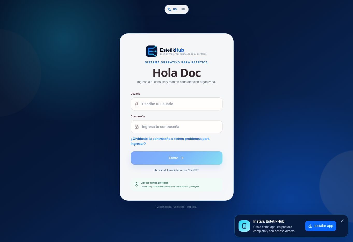 Pantalla real de acceso del sistema EstetikHub