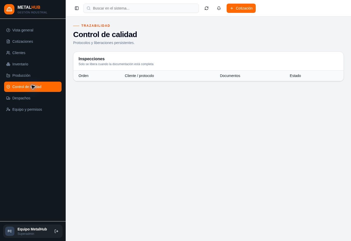 Control de calidad de MetalHub Industrial
